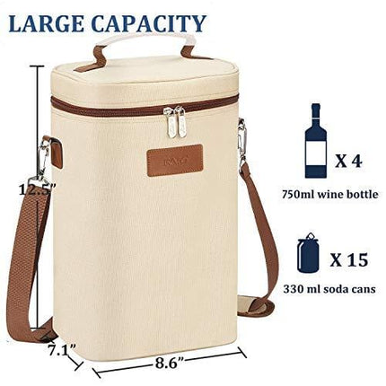 Tirrinia 4 Bottle Wine Carrier - Insulated Padded Portable Versatile Canvas Carrying Cooler Tote Bag for Travel, BYOB Restaurant, Wine Tasting, Party, Christmas Gift for Wine Lover, Beige