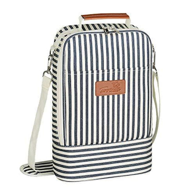 Tirrinia Insulated 2 Bottle Wine Tote Bag - Wine Tumbler Glass Cooler Carrier for BYOB Restaurants, Wine Tasting, Travel, Park, Beach, Great Wine Lover Gift, Blue Stripe