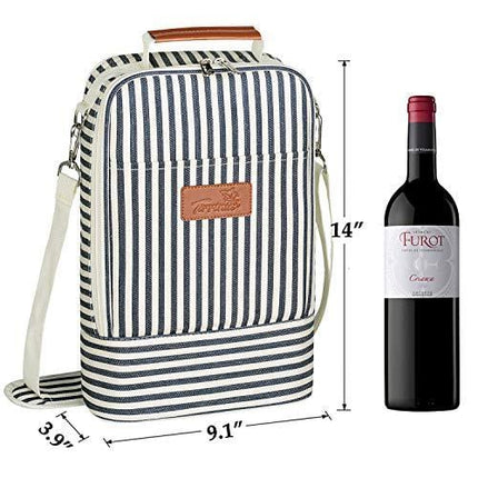 Tirrinia Insulated 2 Bottle Wine Tote Bag - Wine Tumbler Glass Cooler Carrier for BYOB Restaurants, Wine Tasting, Travel, Park, Beach, Great Wine Lover Gift, Blue Stripe