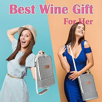 Tirrinia Insulated 2 Bottle Wine Tote Bag - Wine Tumbler Glass Cooler Carrier for BYOB Restaurants, Wine Tasting, Travel, Park, Beach, Great Wine Lover Gift, Blue Stripe