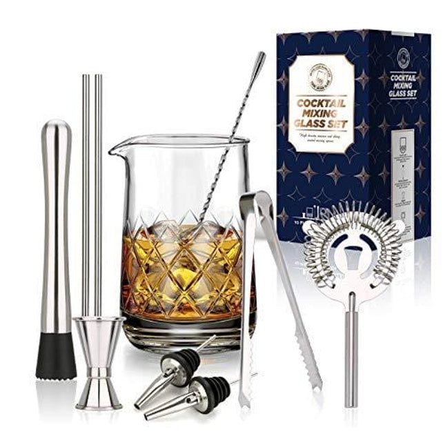 Crystal Cocktail Mixing Glass Set -10 Piece Bartender Kit - 25 oz Thick Bottom Mixing Glass with Spoon, Straw, Ice Tongs, Jigger, Pourer, Strainer, Muddler - Professional Quality, Makes a Great Gift