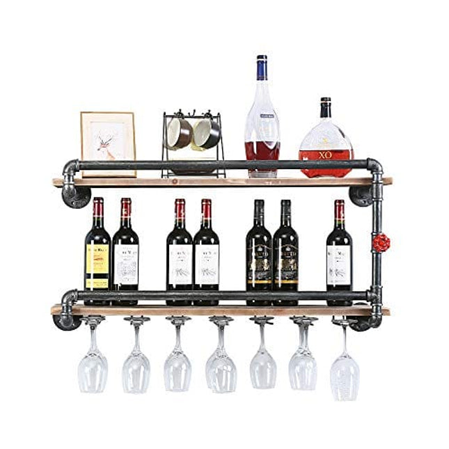 Industrial Wine Racks Wall Mounted with 7 Stem Glass Holder,2-Tiers Rustic Metal Hanging Wine Holder,36in Wall Mount Bottle Holder,Pipe Shelves Kitchen/Living Room/Home Wood Wine Shelf