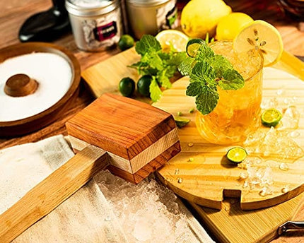 TMKEFFC Ice Mallet Lewis Bag Bartender Kit, Manual Wood Splicing Hammer and Reusable Three-Layer Thickened Canvas Bag for Ice Crushing, Craft Cocktail Tool for Home Party Bar Kitchen Restaurant