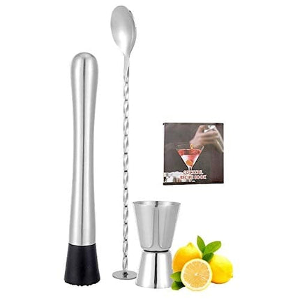 TNCO 10 inch Stainless Steel Muddler Mixing Spoon and Jigger 0.5/1 OZ Home Bar Tool Set Cocktail Shaker Set 3 Piece Bartender Kit Silver