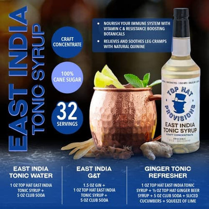 Top Hat East India Quinine Tonic Syrup - 5 times the Natural Quinine of Tonic Water - Make Tonic at Home - Compatible with SodaStream - Just Add Club Soda - 32oz Syrup Concentrate - 2 Pack
