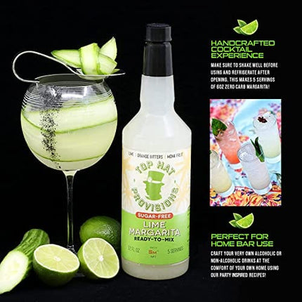 Top Hat Keto Sugar Free Lime Margarita Mix - Naturally Sweetened with Monk Fruit - Craft Mixer for Skinny Margarita Cocktail Drinks - 32oz Bottle