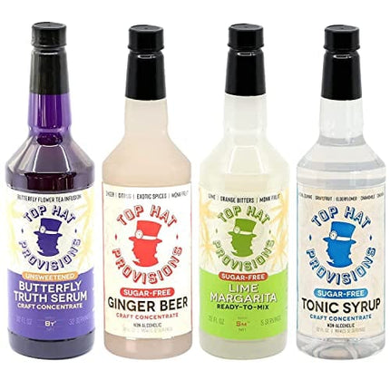 Top Hat Keto Sugar Free Mixology Combo Kit - Ginger Syrup, Tonic Syrup, Margarita Mix & Butterfly Tea Tincture - Naturally Sweetened with Monk Fruit - Craft Mixers for Skinny Cocktail Drinks - 4 pack 32oz Bottles