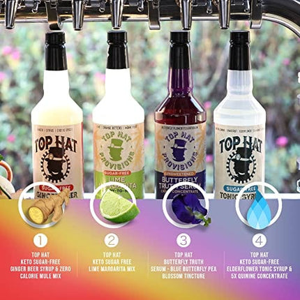 Top Hat Keto Sugar Free Mixology Combo Kit - Ginger Syrup, Tonic Syrup, Margarita Mix & Butterfly Tea Tincture - Naturally Sweetened with Monk Fruit - Craft Mixers for Skinny Cocktail Drinks - 4 pack 32oz Bottles