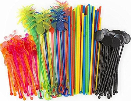 Bar Caddy Supplies (120 Pack) – Assorted Swizzle Sticks/Drink Stirrers (24 of Each Design) – Disposable Flexible Drinking Straws in 2 Sizes – Small Bar Party Supply Refill Pack for Bar Organizer