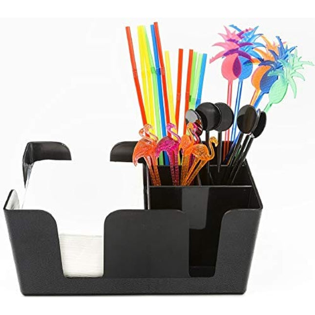 Bar Caddy (6 Compartments) – Bar Supplies Included – All Set and Ready To Go – Includes Napkins, Cocktail Straws, and Swizzle Sticks – Heavy Duty Refillable Bar Organizer (Black)