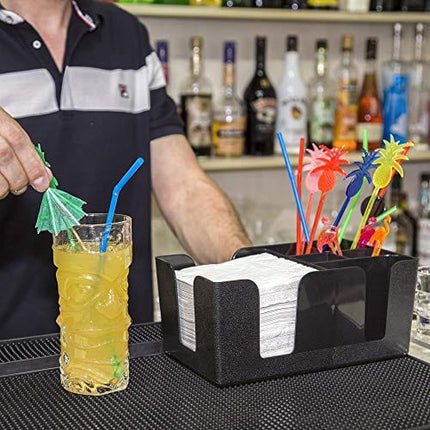 Bar Caddy (6 Compartments) – Bar Supplies Included – All Set and Ready To Go – Includes Napkins, Cocktail Straws, and Swizzle Sticks – Heavy Duty Refillable Bar Organizer (Black)