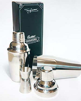 Premium Cocktail Shaker Set – 2 Professional Stainless Steel Martini Shakers (12 Ounce and 24 Ounce) – Built-In Strainer – Double Jigger Included – Bonus Cocktail Recipe eBook