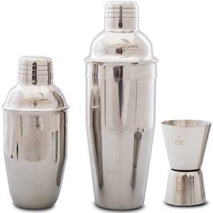 Premium Cocktail Shaker Set – 2 Professional Stainless Steel Martini Shakers (12 Ounce and 24 Ounce) – Built-In Strainer – Double Jigger Included – Bonus Cocktail Recipe eBook