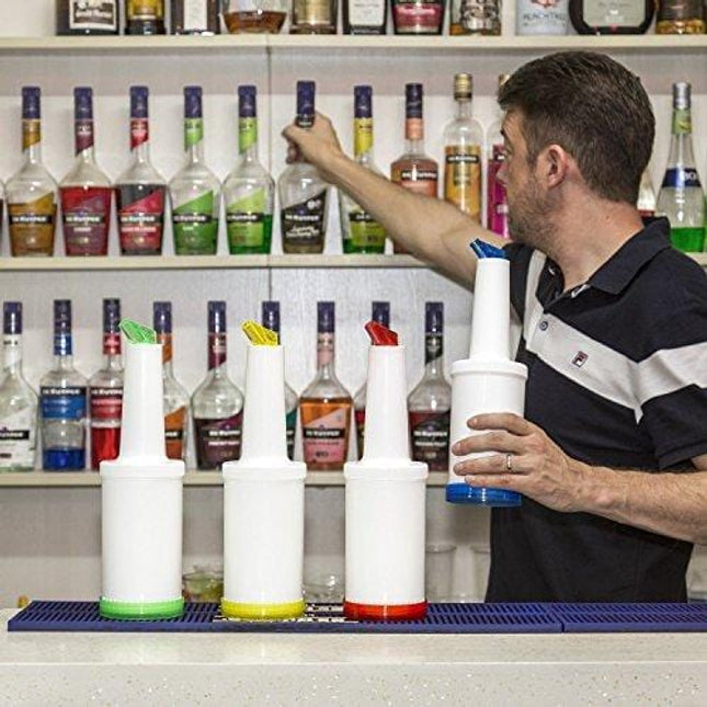 Store and Pour Juice Containers (32 Ounce / 1 Quart) – 4 Color Coded Flow N Stow Fruit Juice Bottles – Commercial Grade Bar Pourers With Spout and Lid – Easily Mix, Pour, and Store