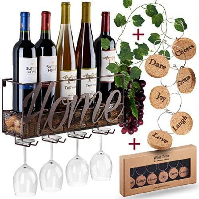 Wall Mounted Wine Rack - Bottle & Glass Holder - Cork Storage Store Red, White, Champagne - Come with 6 Cork Wine Charms - Home & Kitchen Décor - Storage Rack - Designed by Anna Stay,Home