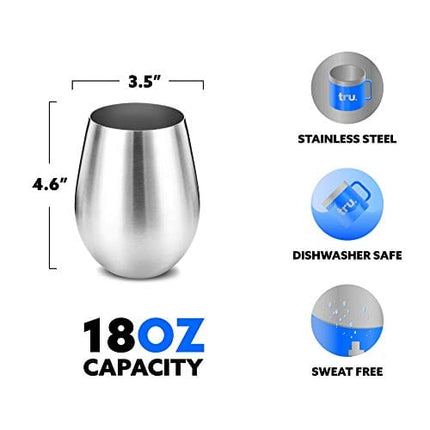 Stainless Steel Wine Glasses - Set of 4 Large & Elegant Stemless Goblets (18 oz) - Unbreakable, Shatterproof Metal Drinking Tumblers