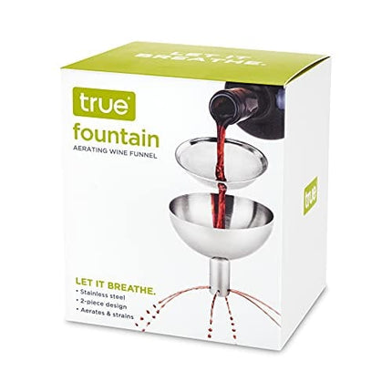 True Fountain Aerating Decanter Funnel - Wine Funnel with Mesh Strainer - Stainless Steel 2-Piece Set of 1