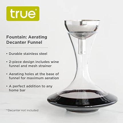 True Fountain Aerating Decanter Funnel - Wine Funnel with Mesh Strainer - Stainless Steel 2-Piece Set of 1
