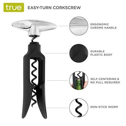 True Twister: Easy Corkscrew Turn Key Bar Accessory Wine Bottle Opener, 6", Black