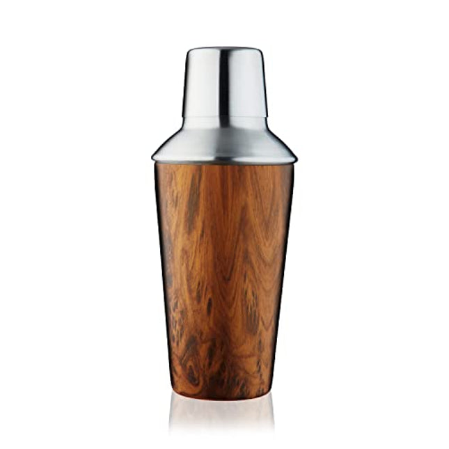 True Wooden Finish Cocktail Shaker, 20 Oz Stainless Steel Cobbler Shaker with Lid & Strainer