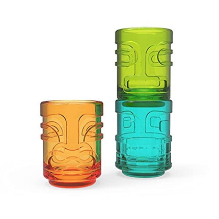 True Zoo Tiki Shot Glasses, Stackable Shot Glass Set, Dishwasher Safe Colored Glass, Holds 2 Ounces, Multicolor, Set of 3