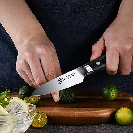 TUO Paring Knife - 3.5 inch Peeling Knife - Fruit and vegetable Knife Ultra Sharp Kitchen Knife - German HC Steel - Full Tang Pakkawood Handle - BLACK HAWK SERIES with Gift Box
