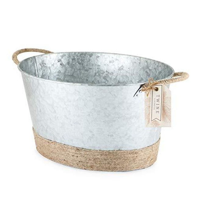 Twine Seaside Jute Rope Wrapped Farmhouse Galvanized Ice Metal Tub, Wine, Beer Bottle Bucket, 4.5 Gallons