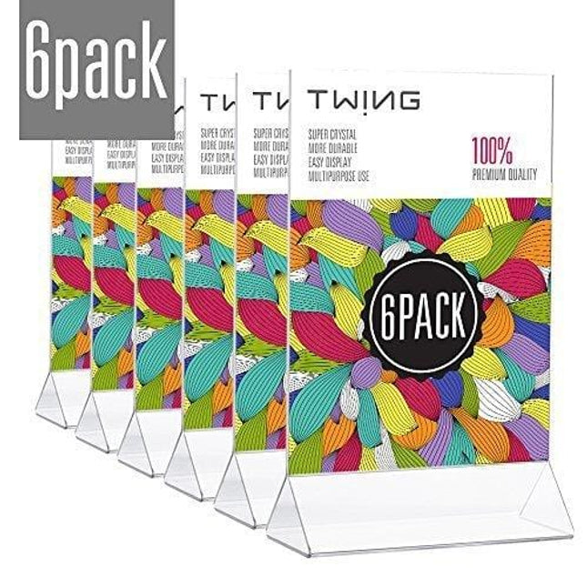 TWING Clear Plastic Table Menu Stand, Card Display, Upright Ad Photo Frame, Promo, 6-Pack 5"x7" Acrylic Sign Holder