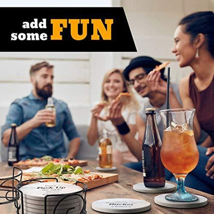 Funny Coasters for Drinks with Holder - Absorbent Drink Coasters Set 6 Pcs - 3 Sayings - Housewarming Gift for Friends - Men, Women Birthday - Cool Home Decor - Living Room, Kitchen, Bar Decorations