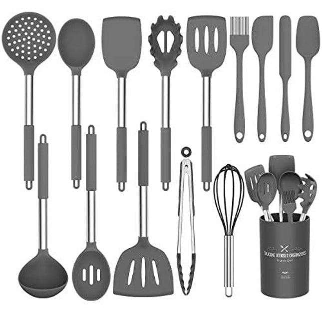 Silicone Cooking Utensil Set,Umite Chef Kitchen Utensils 15pcs Cooking Utensils Set Non-stick Heat Resistan BPA-Free Silicone Stainless Steel Handle Cooking Tools Whisk Kitchen Tools Set - Grey