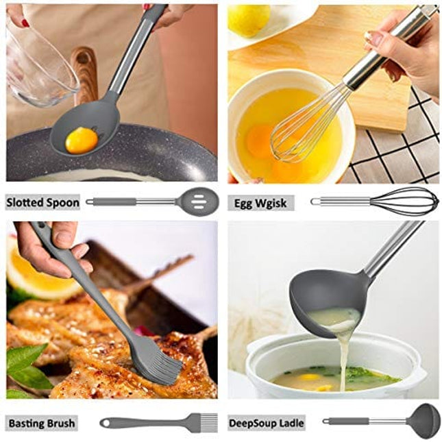 Silicone Cooking Utensil Set,Umite Chef Kitchen Utensils 15pcs Cooking Utensils Set Non-stick Heat Resistan BPA-Free Silicone Stainless Steel Handle Cooking Tools Whisk Kitchen Tools Set - Grey