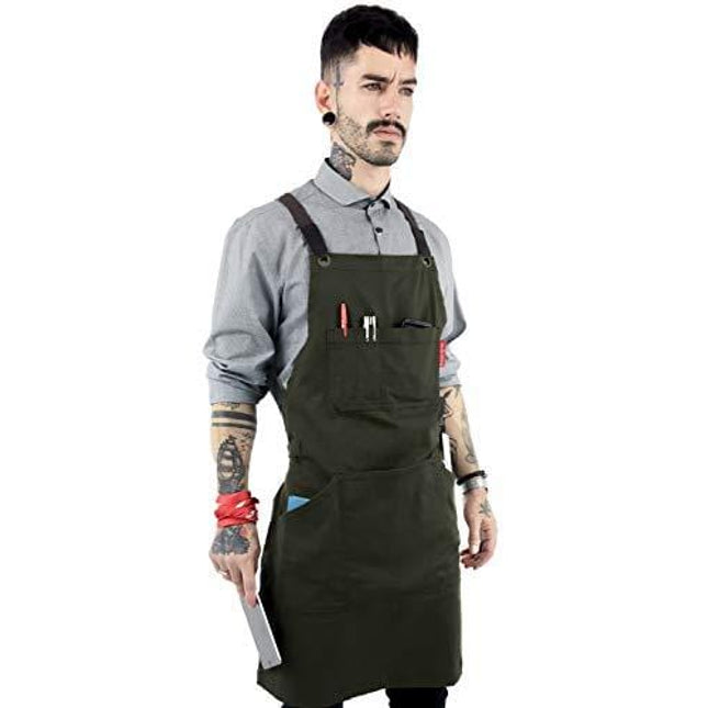 Under NY Sky Essential Army Green Apron – Cross-Back with Durable Twill and Leather Reinforcement – Adjustable for Men and Women – Pro Chef, Tattoo Artist, Baker, Barista, Bartender, Server Aprons