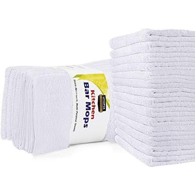 Utopia Cotton Bar Mops Kitchen Towels, 12-Pack, White
