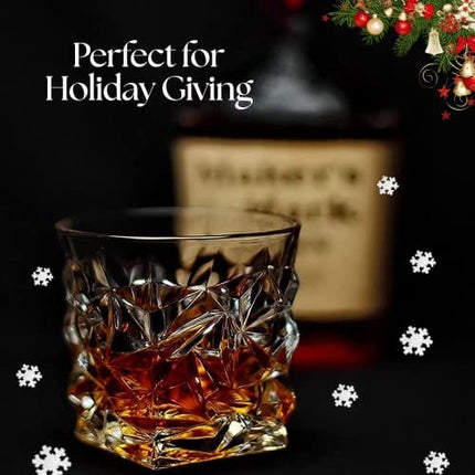 Diamond Whiskey Glasses - Set of 4 - by Vaci + 4 Drink Coasters, Crystal Made Bourbon, Scotch or Liquor Glass, Gift For Men & Women