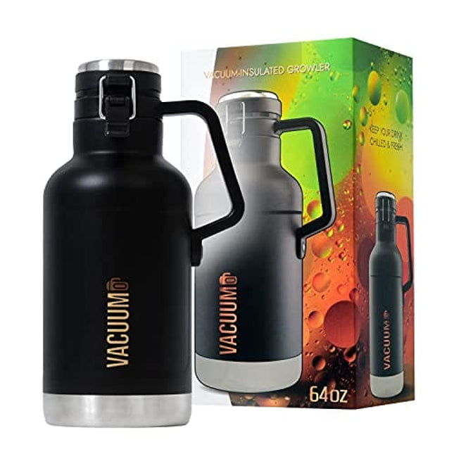 Vacuumo Growlers for Beer - Vacuum Double-Wall Insulation Keeps Cold and Carbonated or Liquids Hot - Leak-Proof Lid & Stainless Steel Thermos Jug/64oz