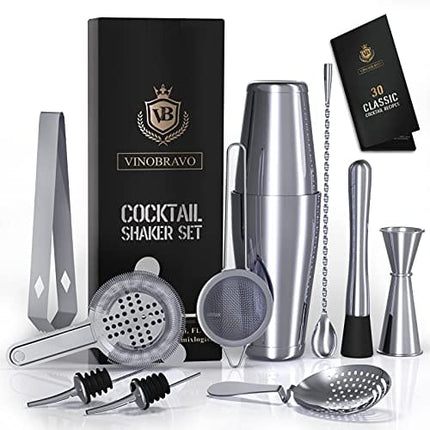 11-Piece Bartender Kit Boston Cocktail Shaker Bar Set by VinoBravo : 2 Weighted Shaker Tins, Strainer Set, Double Jigger, Bar Spoon, Ice Muddler & Tong, 2 Liquor Pourers & Recipe Guide (Silver)