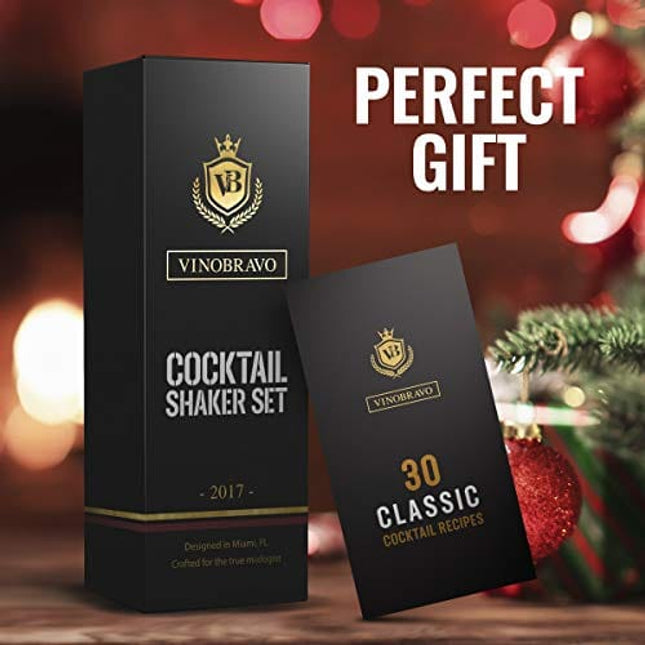 11-Piece Bartender Kit Boston Cocktail Shaker Bar Set by VinoBravo : 2 Weighted Shaker Tins, Strainer Set, Double Jigger, Bar Spoon, Ice Muddler & Tong, 2 Liquor Pourers & Recipe Guide (Silver)