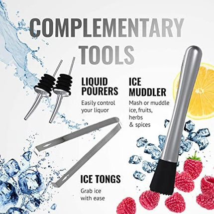 11-Piece Bartender Kit Boston Cocktail Shaker Bar Set by VinoBravo : 2 Weighted Shaker Tins, Strainer Set, Double Jigger, Bar Spoon, Ice Muddler & Tong, 2 Liquor Pourers & Recipe Guide (Silver)