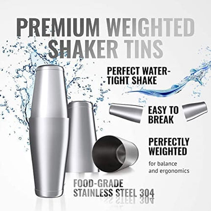 11-Piece Bartender Kit Boston Cocktail Shaker Bar Set by VinoBravo : 2 Weighted Shaker Tins, Strainer Set, Double Jigger, Bar Spoon, Ice Muddler & Tong, 2 Liquor Pourers & Recipe Guide (Silver)