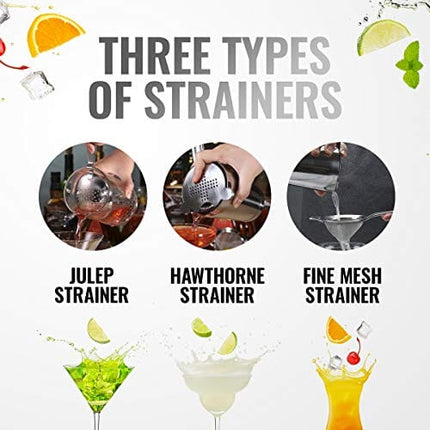 11-Piece Bartender Kit Boston Cocktail Shaker Bar Set by VinoBravo : 2 Weighted Shaker Tins, Strainer Set, Double Jigger, Bar Spoon, Ice Muddler & Tong, 2 Liquor Pourers & Recipe Guide (Silver)