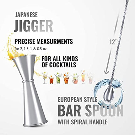 11-Piece Bartender Kit Boston Cocktail Shaker Bar Set by VinoBravo : 2 Weighted Shaker Tins, Strainer Set, Double Jigger, Bar Spoon, Ice Muddler & Tong, 2 Liquor Pourers & Recipe Guide (Silver)