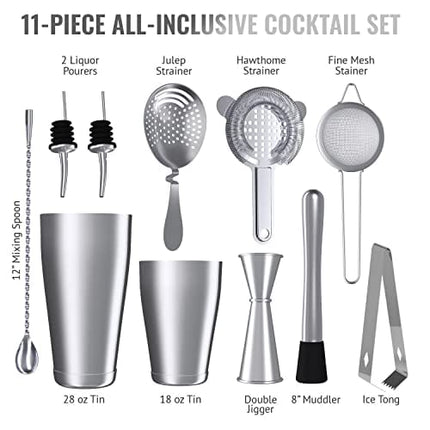 11-Piece Bartender Kit Boston Cocktail Shaker Bar Set by VinoBravo : 2 Weighted Shaker Tins, Strainer Set, Double Jigger, Bar Spoon, Ice Muddler & Tong, 2 Liquor Pourers & Recipe Guide (Silver)