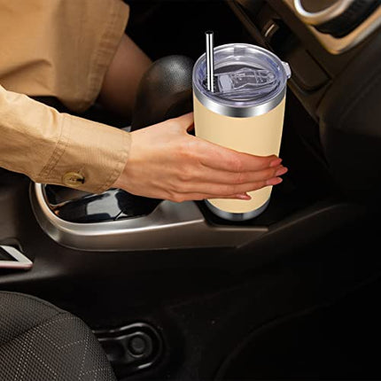 VEGOND 20oz Tumbler with Lid and Straw Stainless Steel Tumbler Cup Vacuum Insulated Double Wall Travel Coffee Mug Powder Coated Coffee Cup(Beige 1 Pack)