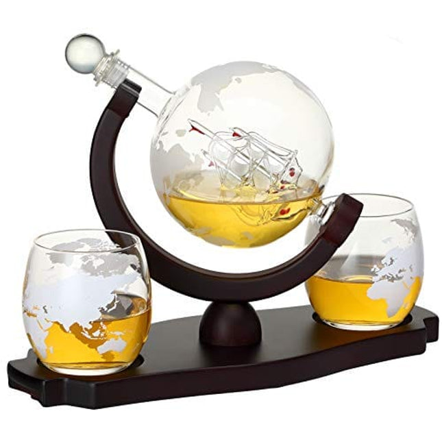 Verolux Whiskey Globe Decanter Set with 2 Etched Globe Glasses in Gift Box - Gifts for Men and Women,Home Bar Accessories for Liquor, Whisky, Bourbon, Gin, Rum, Tequila, Vodka and Brandy-850ml