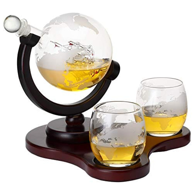 Verolux Whiskey Globe Decanter Set with 2 Glasses in Gift Box - for Liquor, Whiskey, Brandy, Gin, Rum, Tequila, Vodka, and Brandy - Home Bar Accessories for Men and Women