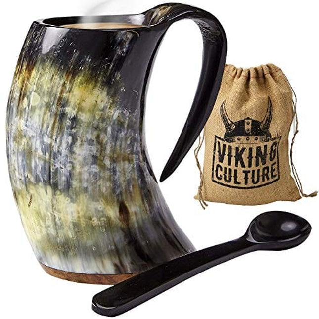 Viking Culture - Hot Viking Horn Mug with Spoon and Bag, 2 Pc Set, Horned Handle with Rustic Natural Finish, Safely Holds Hot and Cold Tea, Coffee, Cocoa, Wine, Beer or Mead