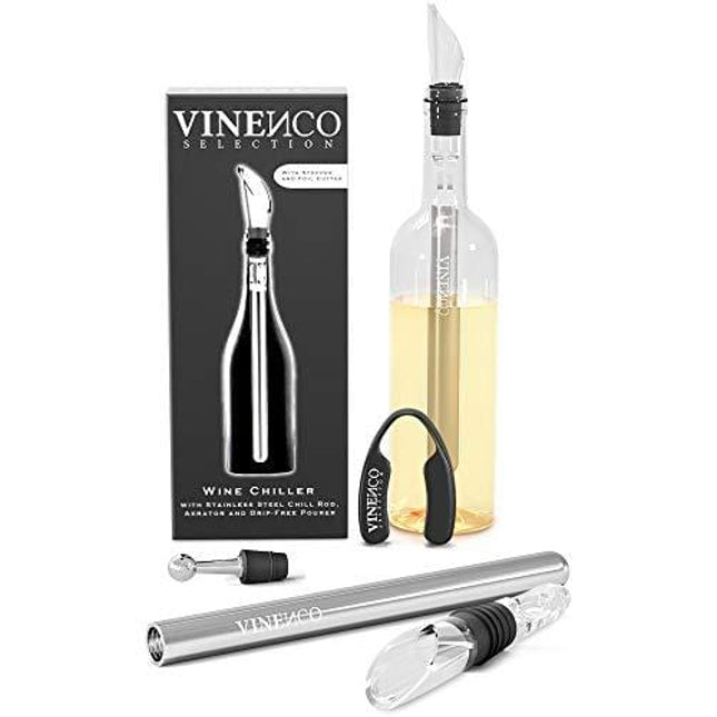 VINENCO Wine Chiller Set + Foil Cutter, Stopper, Storage Pouch & Ebook - Premium 3-in-1 Stainless Steel Bottle Cooler Stick, Decanting Aerator & Drip-Free Pourer