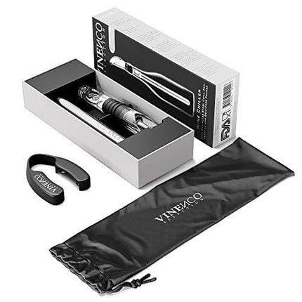 VINENCO Wine Chiller Set + Foil Cutter, Stopper, Storage Pouch & Ebook - Premium 3-in-1 Stainless Steel Bottle Cooler Stick, Decanting Aerator & Drip-Free Pourer