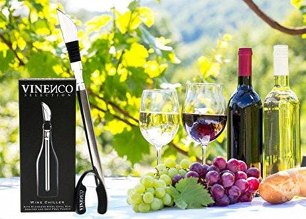 VINENCO Wine Chiller Set + Foil Cutter, Stopper, Storage Pouch & Ebook - Premium 3-in-1 Stainless Steel Bottle Cooler Stick, Decanting Aerator & Drip-Free Pourer