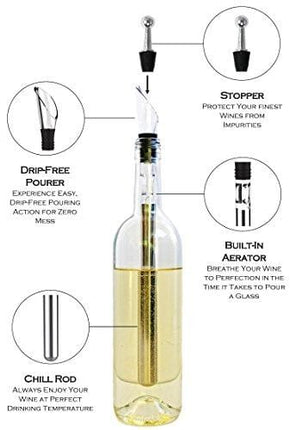 VINENCO Wine Chiller Set + Foil Cutter, Stopper, Storage Pouch & Ebook - Premium 3-in-1 Stainless Steel Bottle Cooler Stick, Decanting Aerator & Drip-Free Pourer
